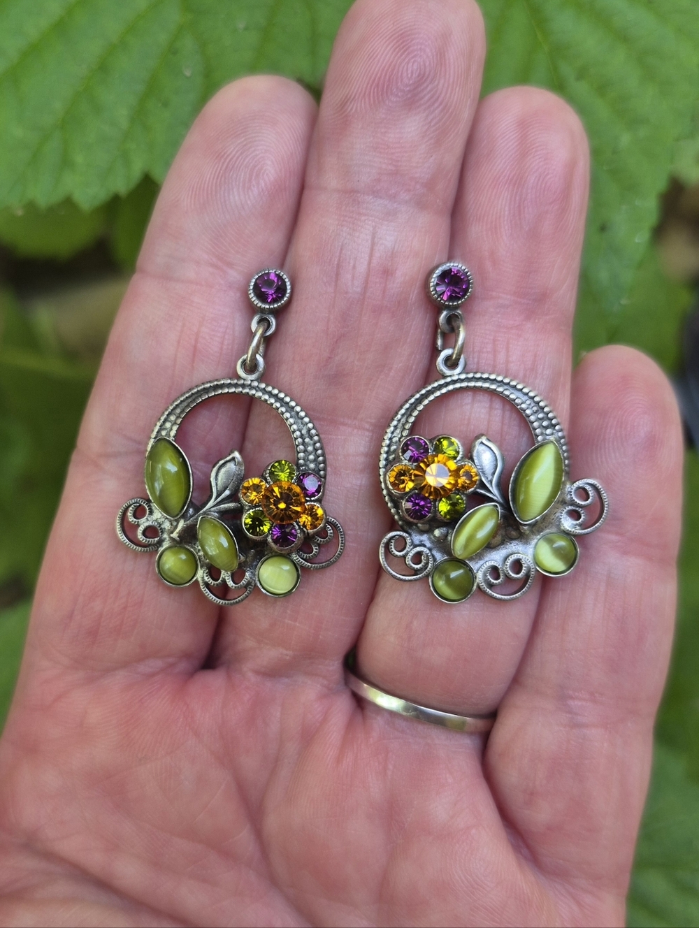 Floral Rhinestone Cat's Eye Glass Earrings Purple Orange Green Sterling Plated